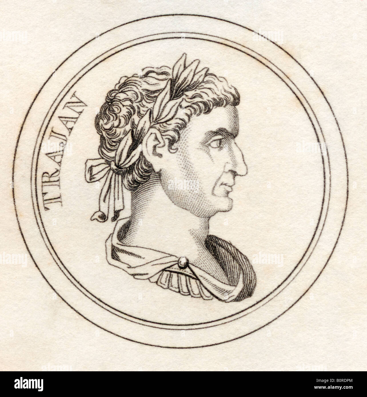 Trajan, Marcus Ulpius Nerva Traianus, AD53 - 117. Römischer Kaiser. Aus dem Buch Crabbs Historical Dictionary, veröffentlicht 1825. Stockfoto