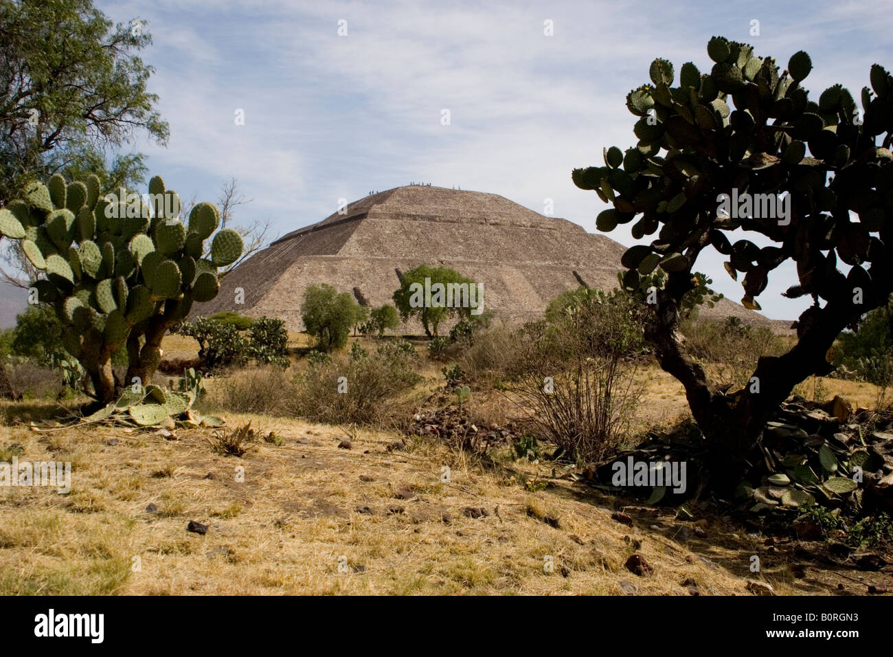 Touristen Klettern auf Teotihuacan Archaeologica Ruine Standort in Mexiko die Pyramide der Sonne, von der Straße der Toten gesehen. Stockfoto