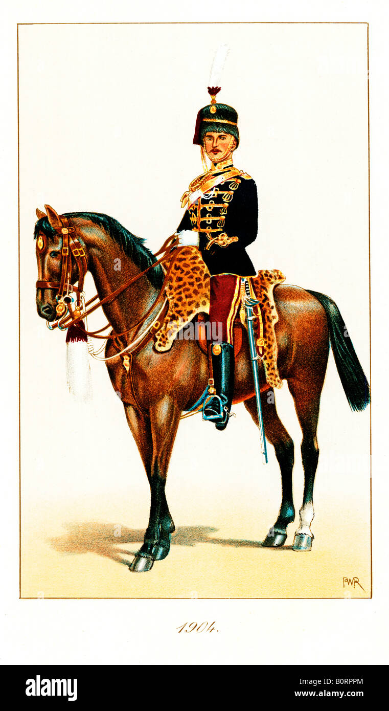Offizier, 11. Husaren 1904 Drucken der britischen Kavallerie-regiment Prinz Alberts Own Cherry Pickers Stockfoto