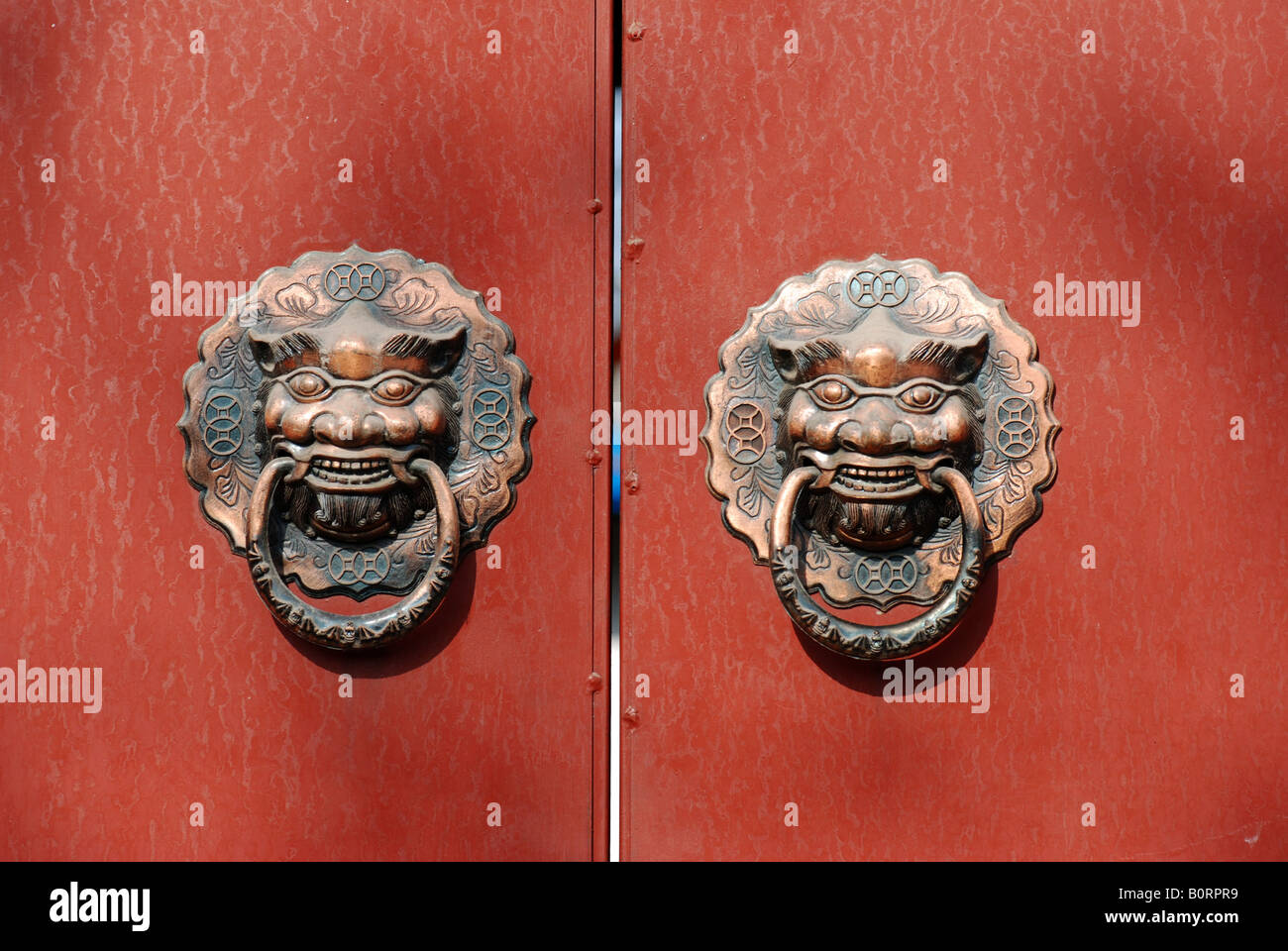 Löwe-Klopfer auf rote Tür in Peking, China Stockfoto