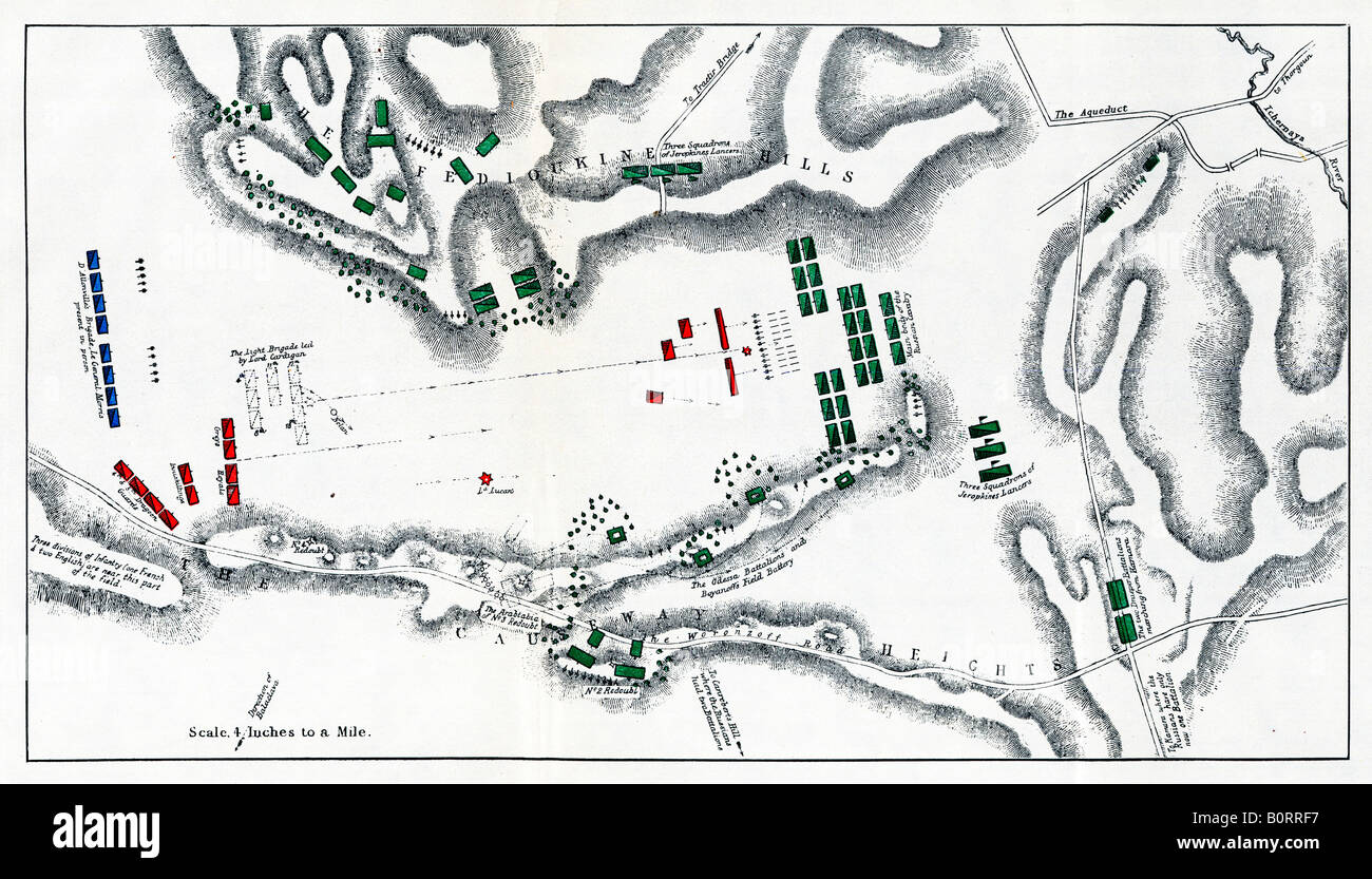 Die Ladung der Light Brigade 1854 Karte der Aktion auf die Sturmhaube in Crimea 673 Kavalleristen in den Vordergrund Stockfoto