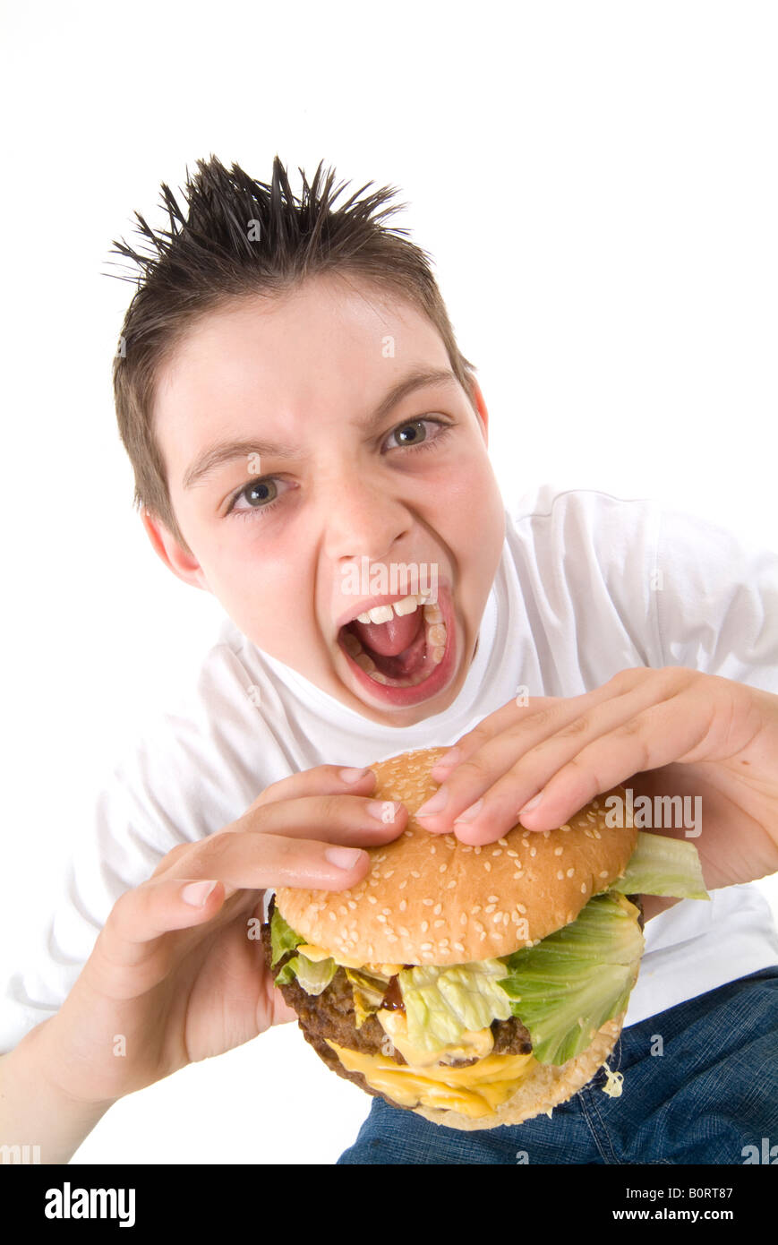 Rindfleisch Burger Hacksteaks Hamburger Hamburger marketing für Kinder Kind Fastfood Junk-e-Diät Fleisch Sandwich Junkfood Essen eine sn Stockfoto