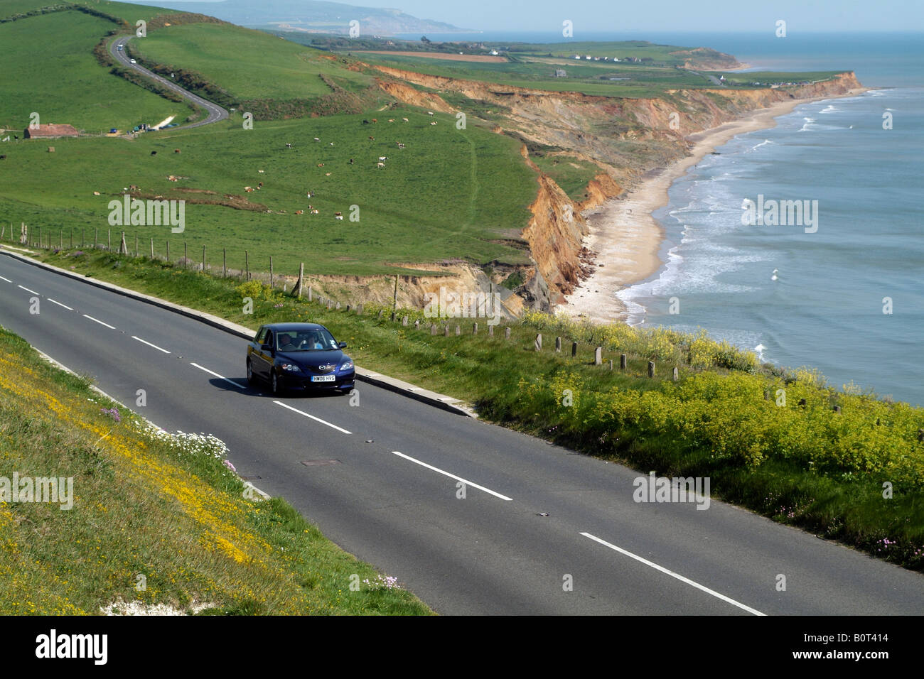 Auto auf der Küstenstraße und Ackerland bei Compton Bucht blicken in Richtung Hannover-Punkt auf der Isle Of Wight England UK Stockfoto