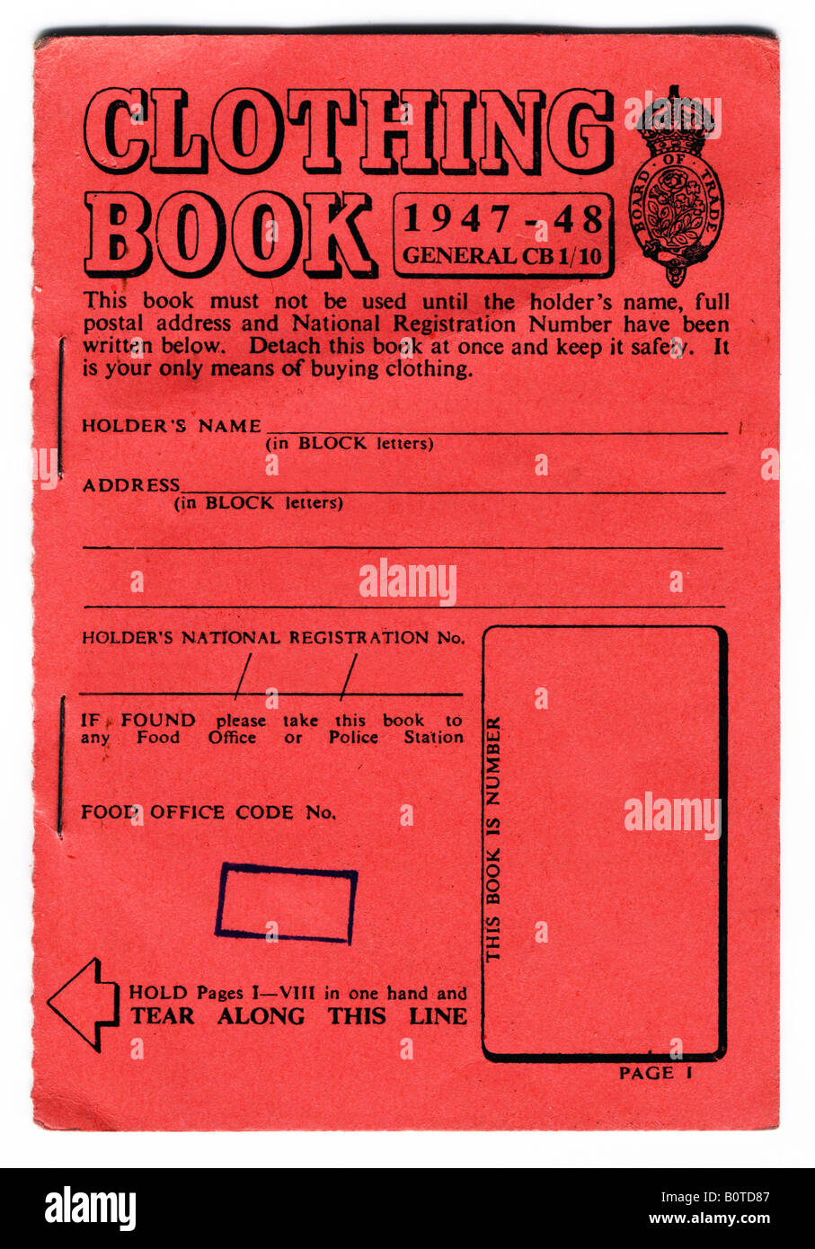 Britische Kleidung Ration Buch aus der Zeit von 1947 bis 1948. Stockfoto