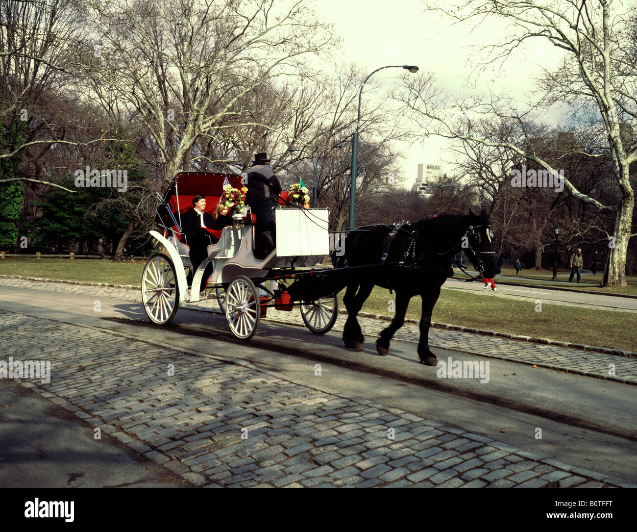 Paar in zentralen Parks Wintersonne genießen ruhigen Pferd & Buggy-Fahrt Stockfoto