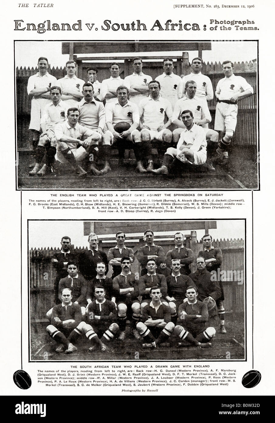 England V Südafrika 1906 die zwei teams die 3 alle auf die erste Springbok Rugby-Tour zu den britischen Inseln zog Stockfoto