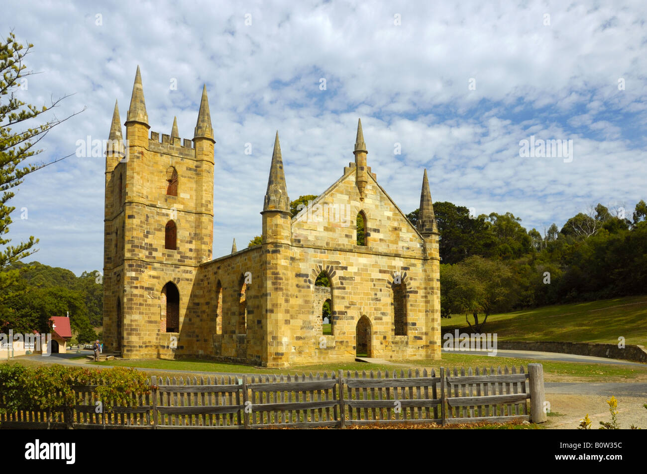 Reste der Sandstein-Kirche in Port Arthur, Tasmanien. Stockfoto Reste der Sandstein-Kirche in Port Arthur, Tasmanien. Stockfoto