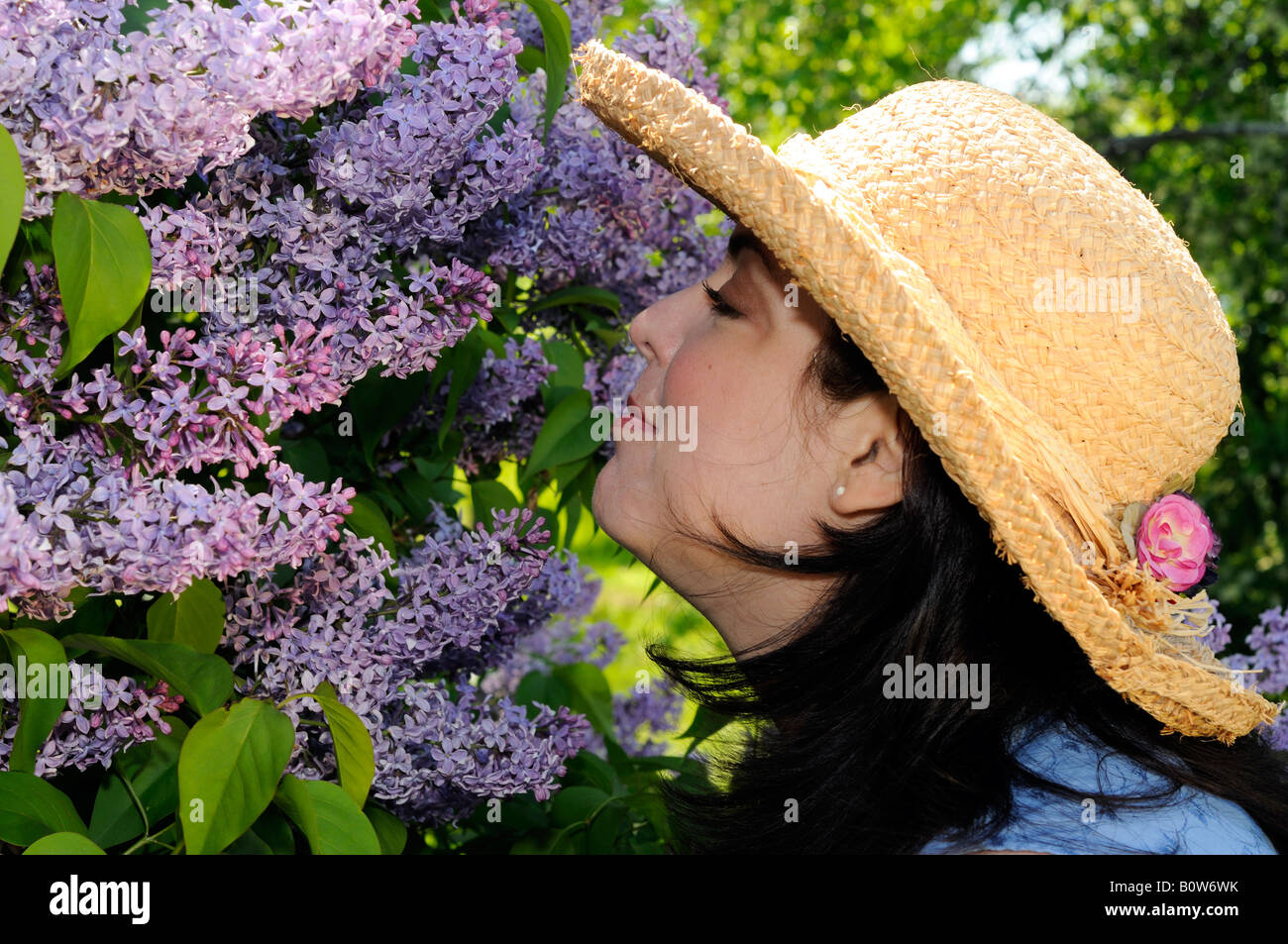 Frau, riechen den Duft von einem lila Baum Stockfoto