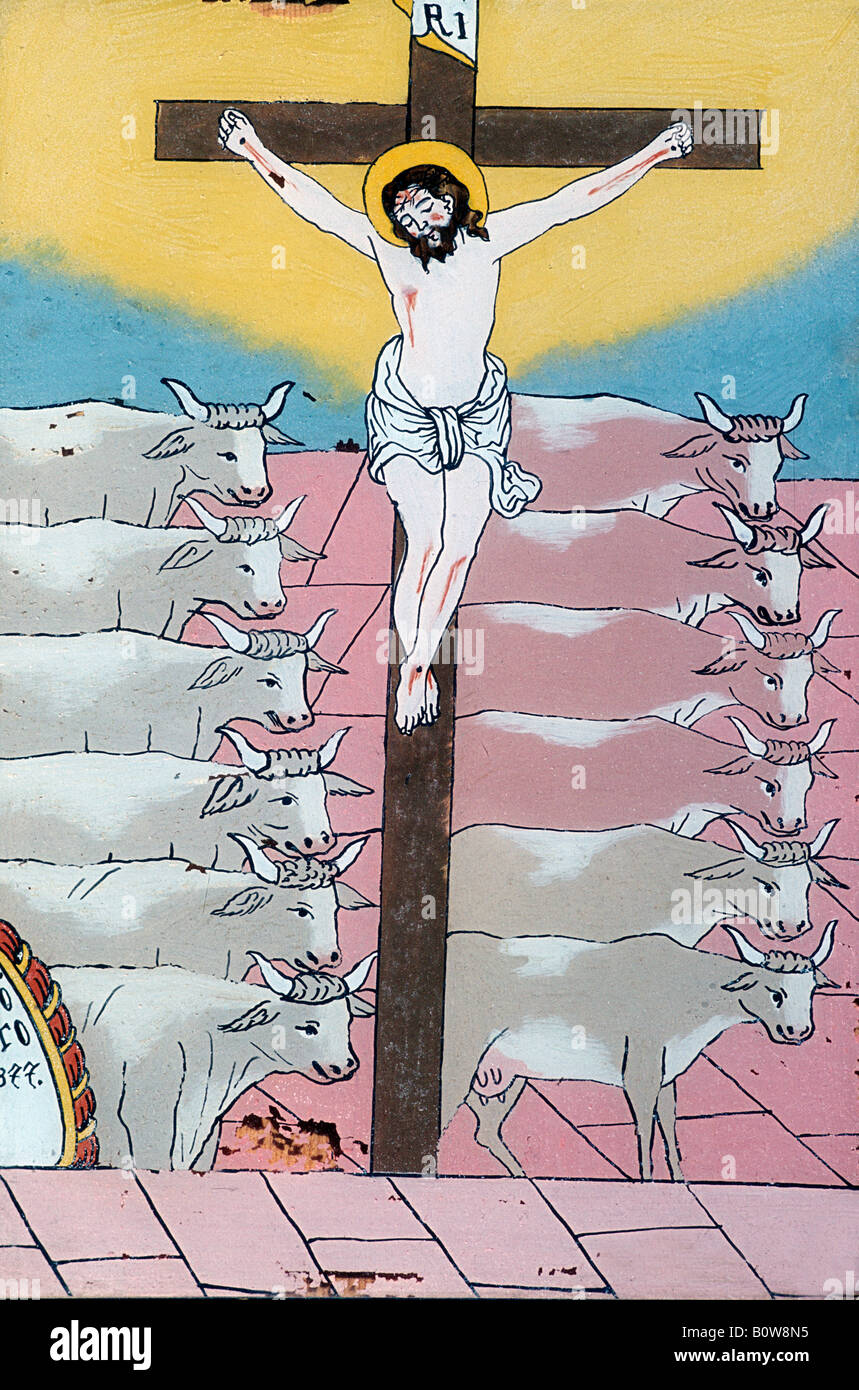 Bild der Darstellung der Einsparung von Rindern aus roten Murrain Krankheit, gemalt auf der Rückseite des Glases, von Raimundsreuth, 1887, Freyung Stockfoto