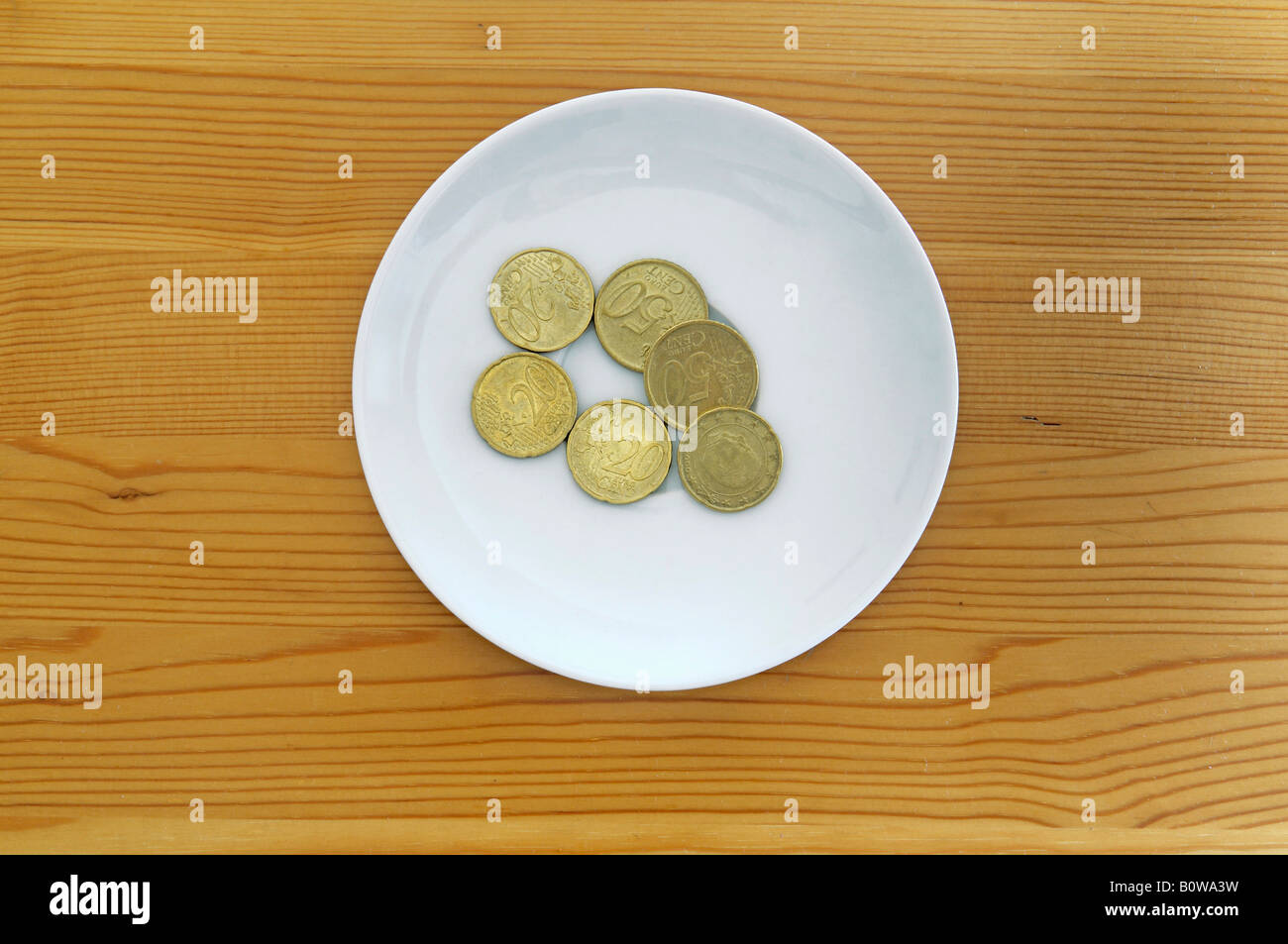 Euro-Münzen auf einem weißen Teller auf einem Holztisch, Zahlung für die Toilette benutzen Stockfoto