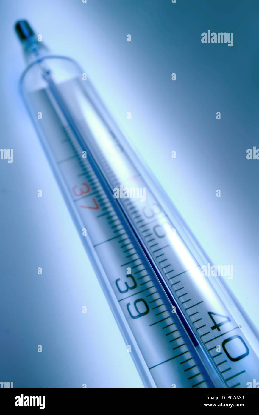 Thermometer vor einem blauen Hintergrund Stockfoto