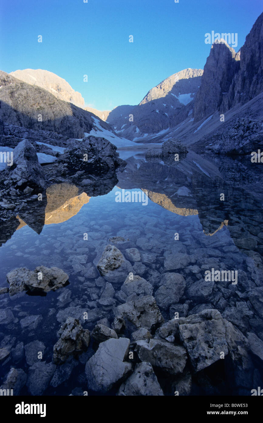 Bergsee im Rosengarten, Rosengarten Gruppe, Antermoia-See, Lago di Antermoia, Latemar, Provinz von Bolzano-Bozen, Italien Stockfoto