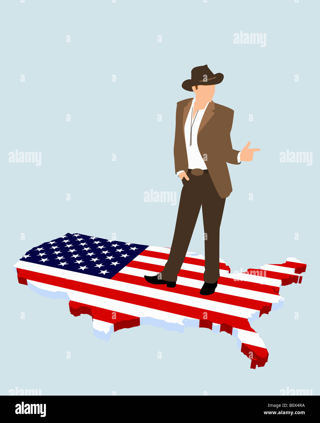 Eine stereotype amerikanische Cowboy stehend auf die amerikanische Flagge in der Form von Amerika Stockfoto