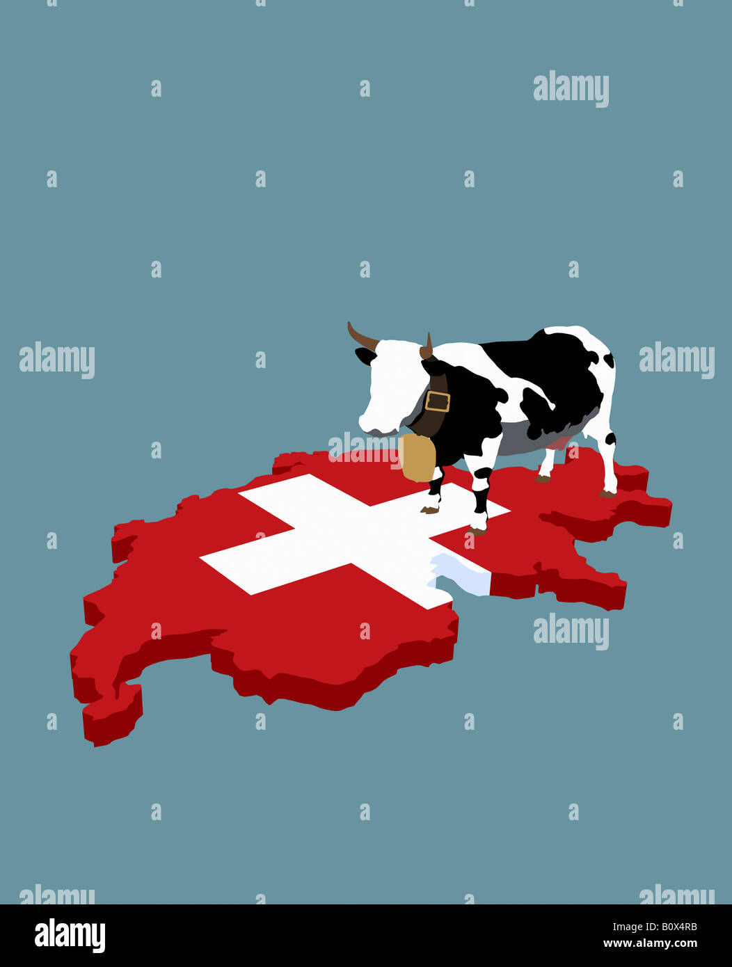 Schweizer kulturelle Stereotype und Schweizer Flagge in der Form der Schweiz Stockfoto