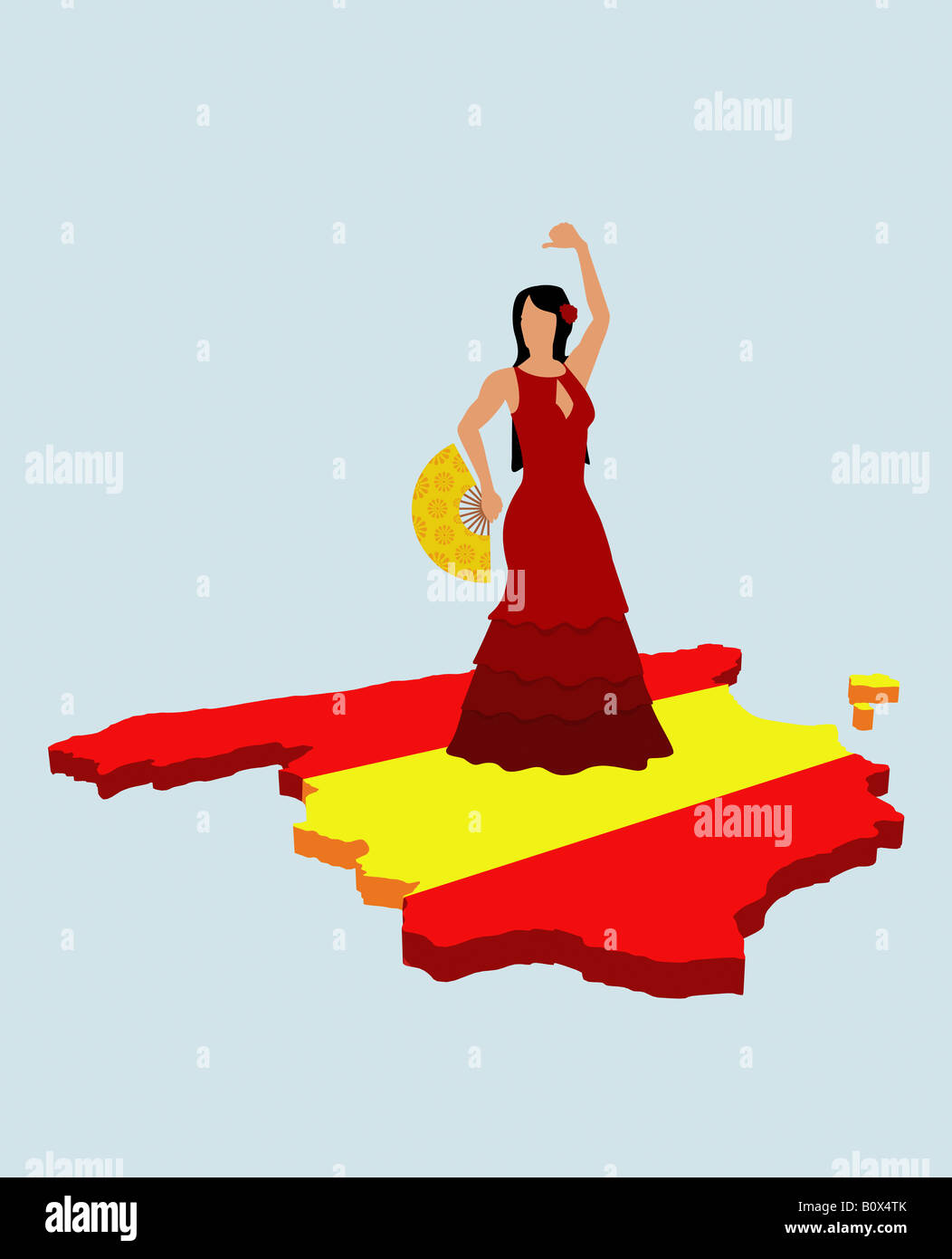 Stereotype Spanierin stehend auf spanische Flagge in Form von Spanien Stockfoto