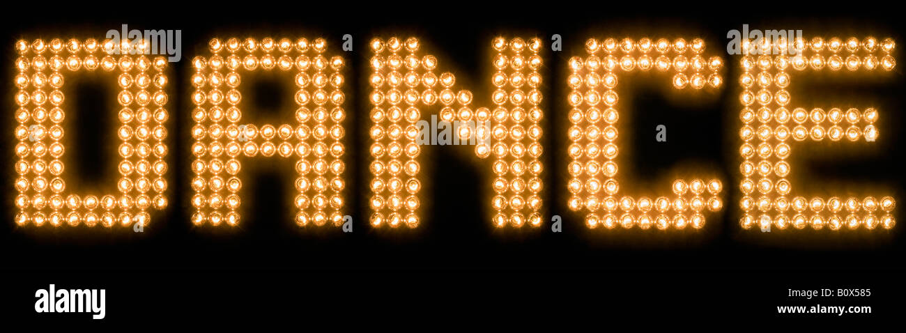 Das Wort Tanz in leuchtenden Glühbirnen Stockfoto