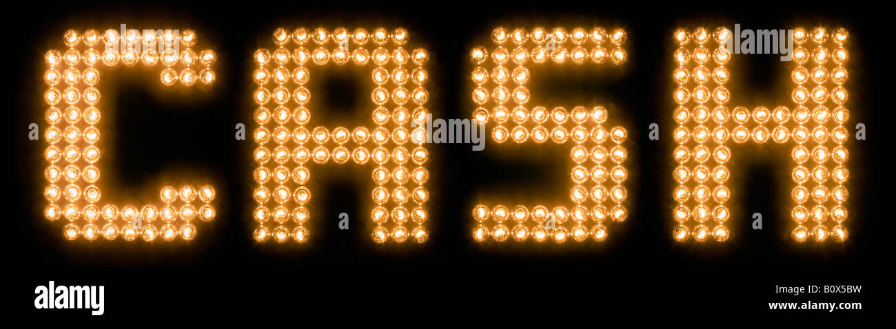Das Wort Kasse in leuchtenden Glühbirnen Stockfoto