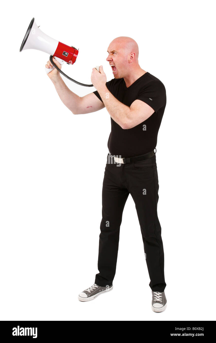 Leitung Glatzkopf brüllt in ein Megaphon Stockfoto