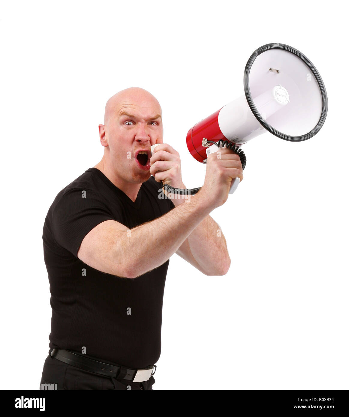 Leitung Glatzkopf brüllt in ein Megaphon und schaut in die Kamera Stockfoto