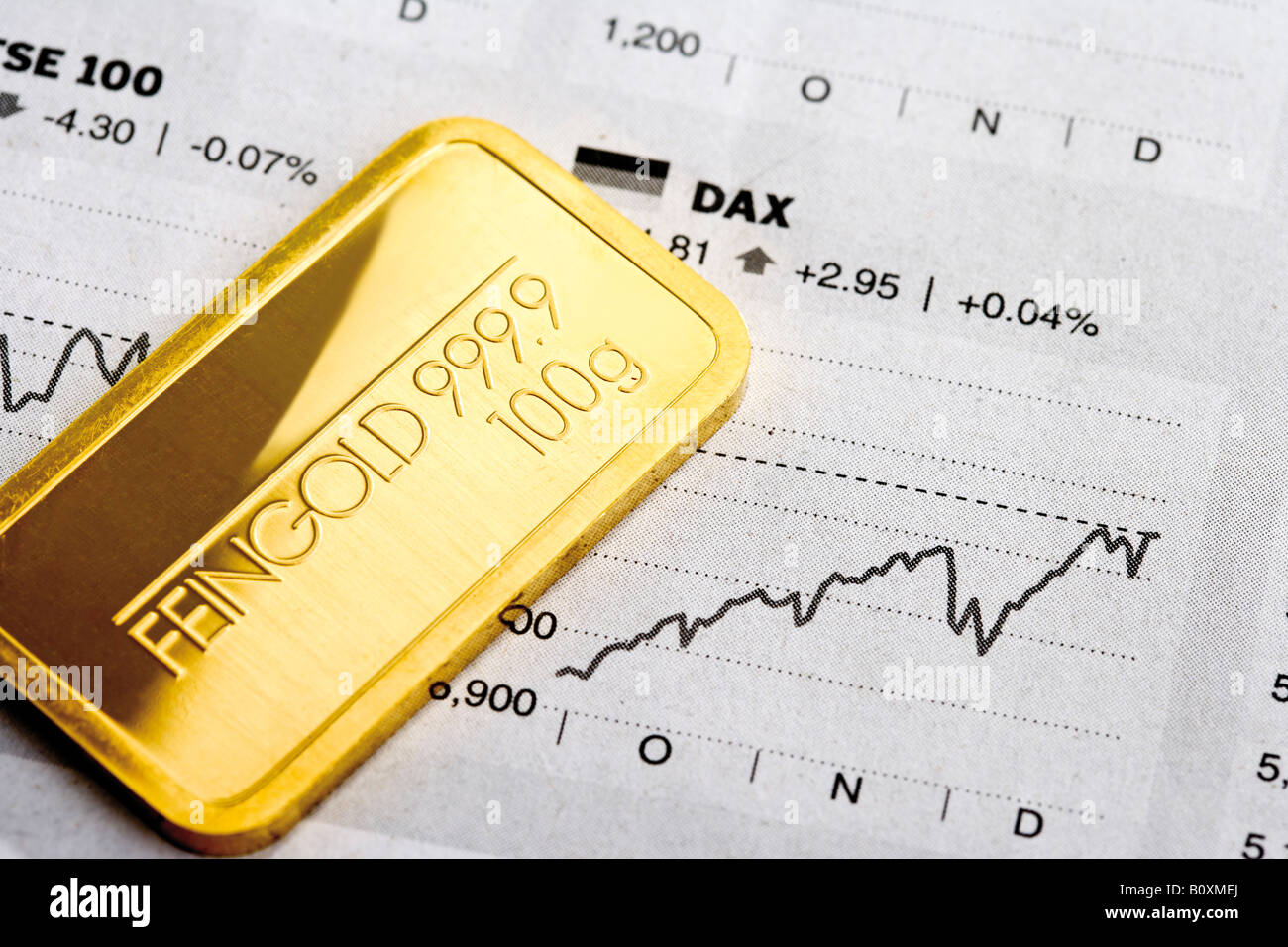 Goldbarren und Finanzzeitung Stockfoto