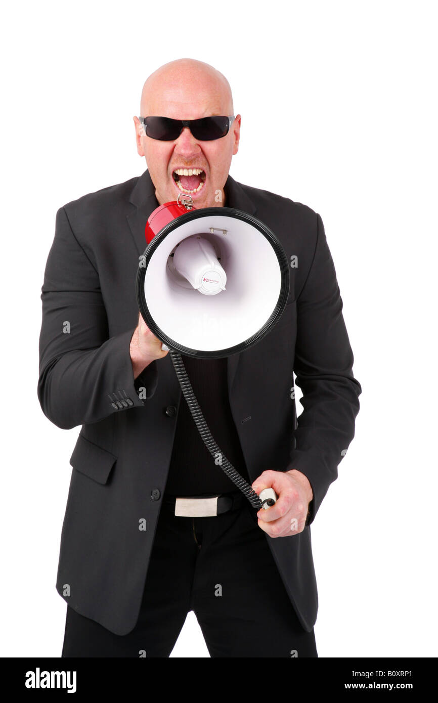 Leitung Glatzkopf schreien in ein Megaphon Stockfoto