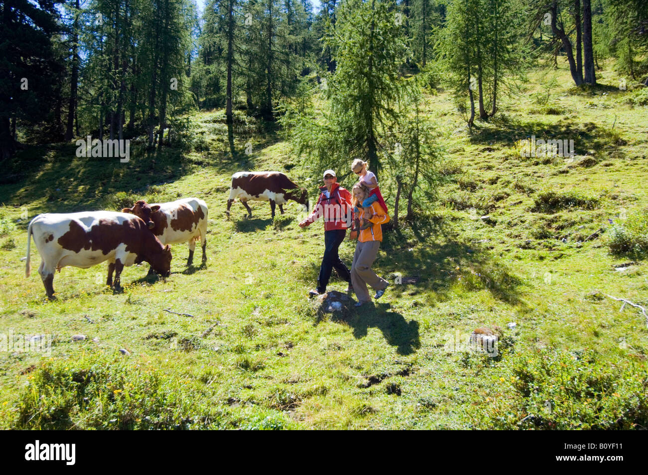 Österreich, Salzburger Land, alle Paare mit Tochter (6-7) Wandern Stockfoto