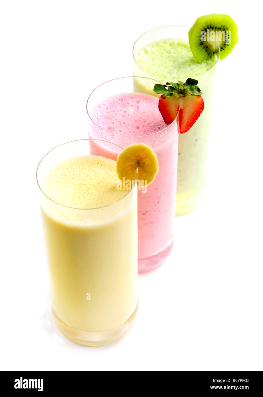 Verschiedene Frucht-Smoothies isoliert auf weißem Hintergrund Stockfoto