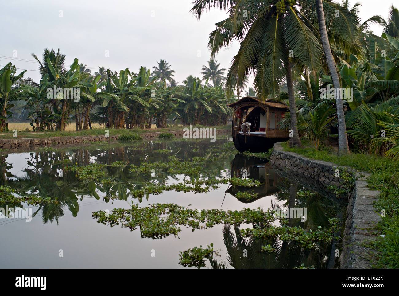 Indien KERALA renoviert Reis Boot über Kanäle in den Backwaters von Kerala in der Nähe von Alleppey Stockfoto