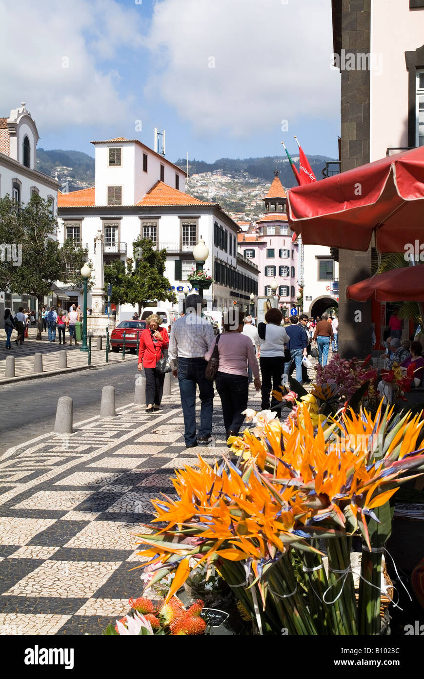 dh Rue Aljube FUNCHAL MADEIRA Menschen wandern in Funchal City Straße Vogel des Paradieses Blumen Straßenszene Blumenhändler Szene Stockfoto