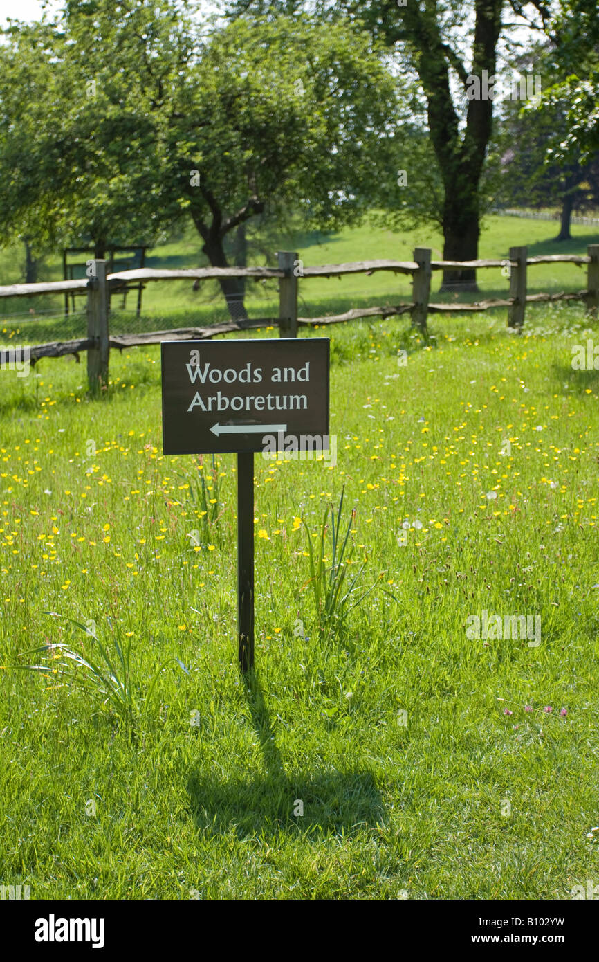 Hinweisschild mit Hinweis auf Wald und Arboretum, in West Dean Gardens, West Sussex, England Stockfoto