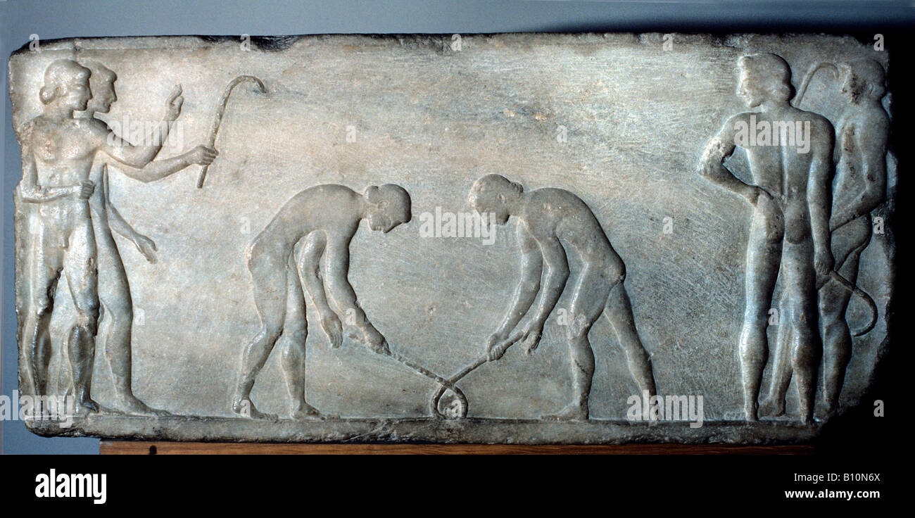Griechische Relief der Hockeyspieler. 500 490 v. Chr. Stockfoto