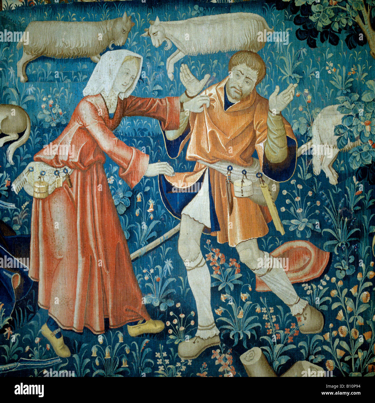 Flämische Wandteppiche. Pastorale Szene. Ein paar streiten. Anfang des 16. Jahrhunderts. Belgien Stockfoto