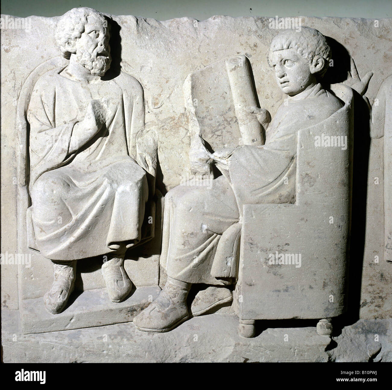 Römische Erleichterung. Lehrer und Schüler. Romano deutsche Periode