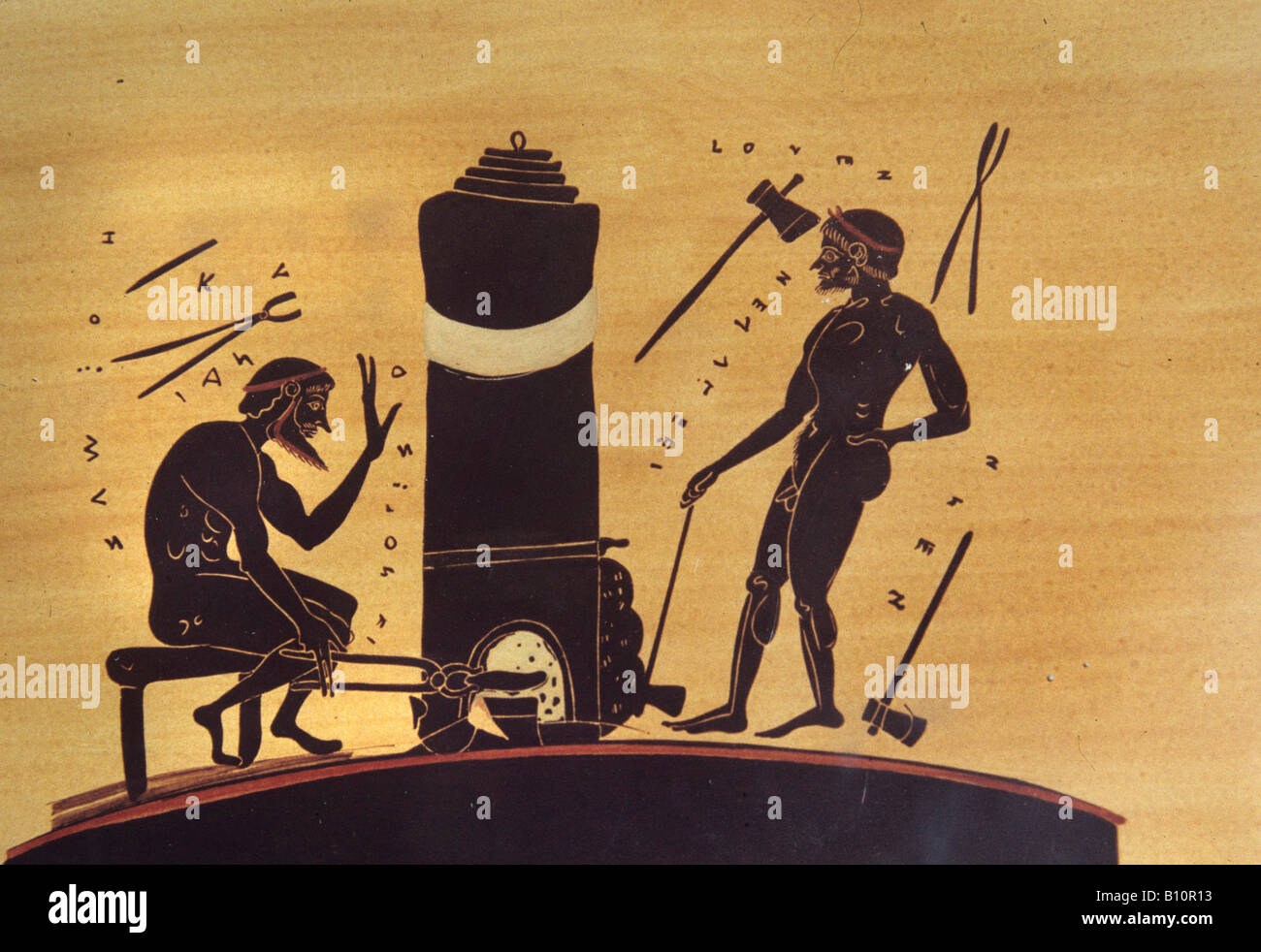 Schmiede bei Ofen arbeiten mit Faltenbalg 6. Jahrhundert v. Chr. Griechische Vase Malerei illustration Stockfoto