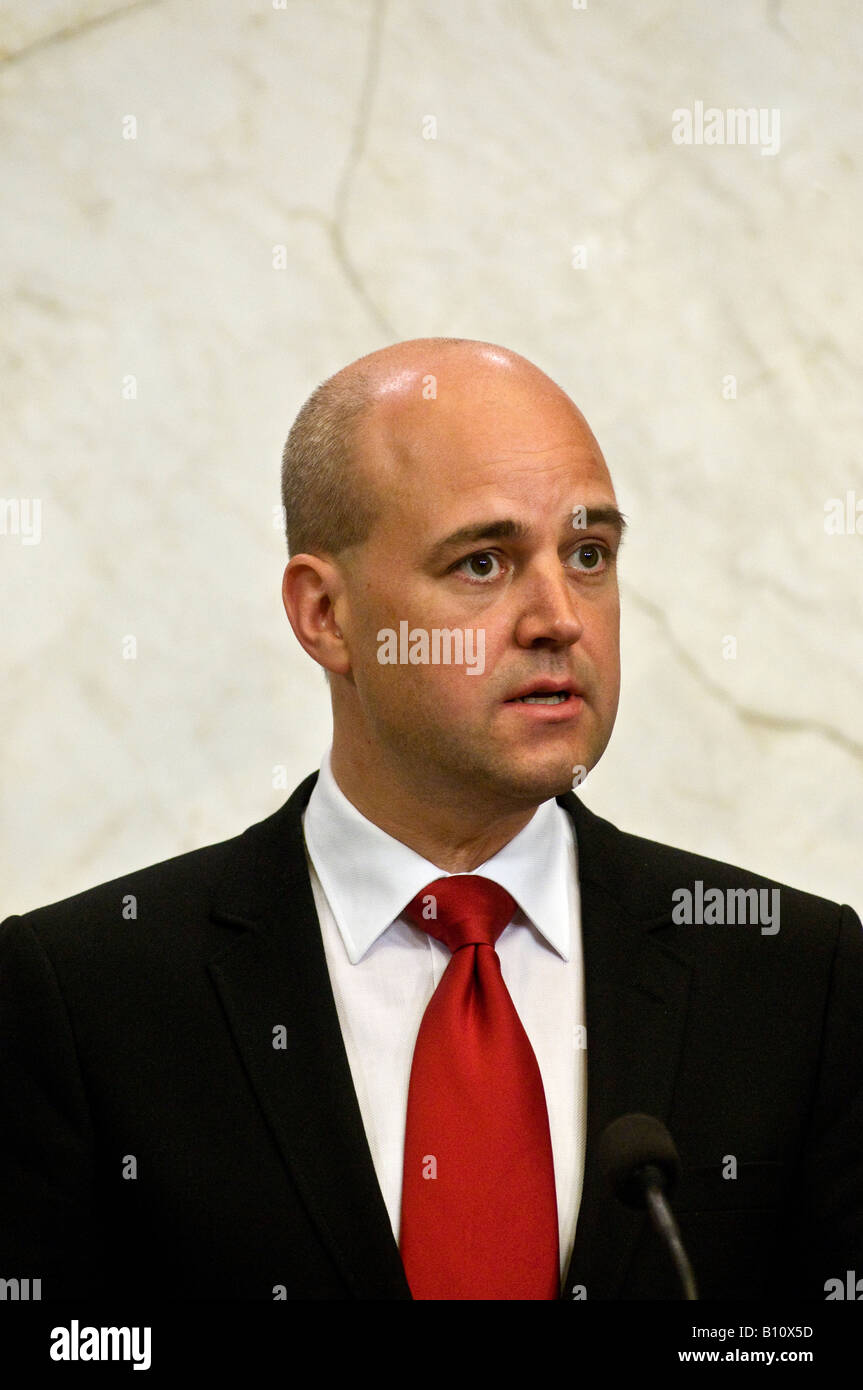 Der schwedische Ministerpräsident Fredrik Reinfeldt bei Pressekonferenz in Stockholm mit US-Außenministerin Condoleezza Rice über Irak Stockfoto