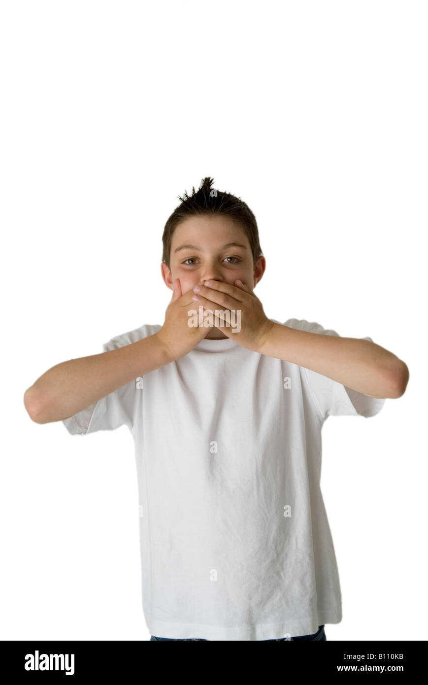 Vereidigung Kind sprechen keine böse Hände über Mund sprach sprechen, bevor denken schwören schwor Stockfoto