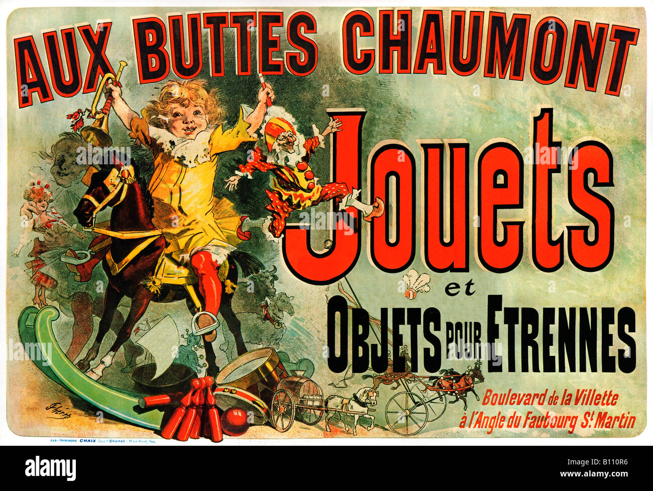 Jules Cheret Buttes Chaumont 1885 Jugendstil-Plakat für die Spielzeuge und Spiele in der Paris-Kaufhaus Stockfoto