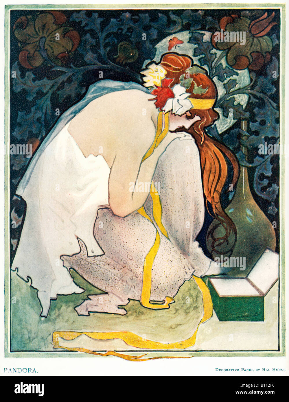 Pandora 1899 Art Nouveau dekorative Systemsteuerung von Hal Hurst der ersten menschlichen Frau blicken wehmütig auf Ihr leeres Feld Stockfoto