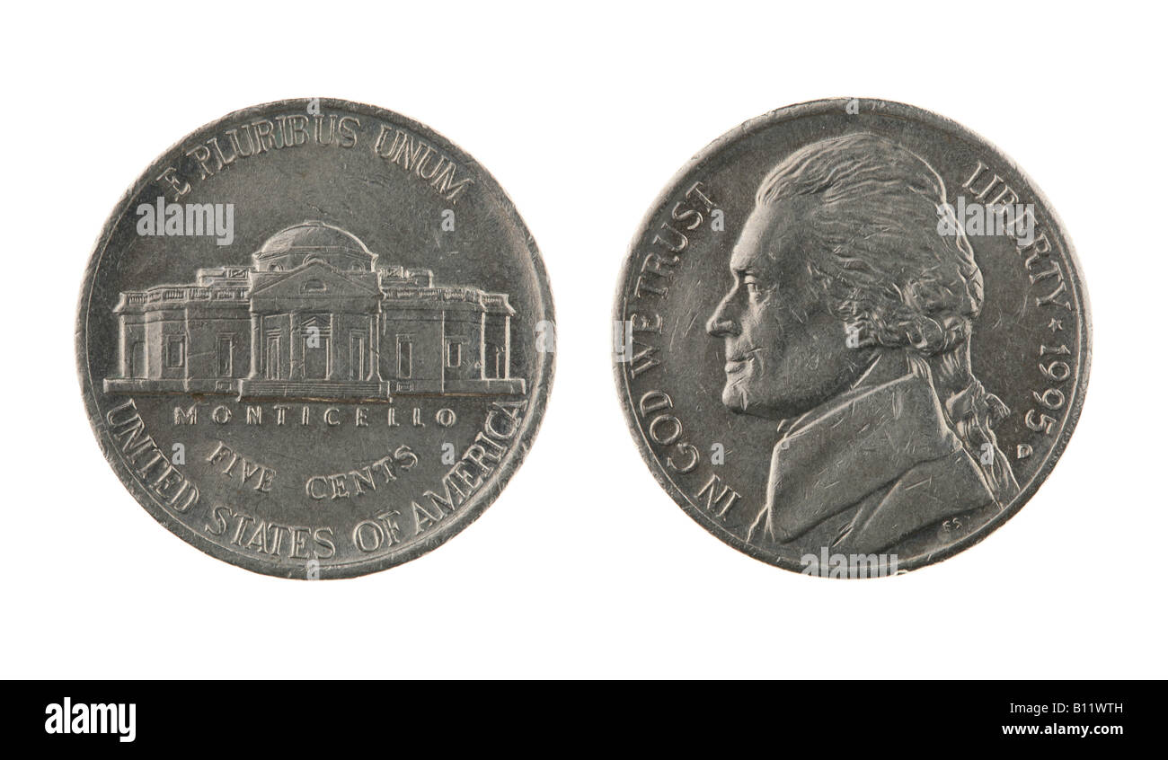 USA ein Nickel Münze fünf Cent isoliert auf weiss - Vorder- und Rückseite Stockfoto