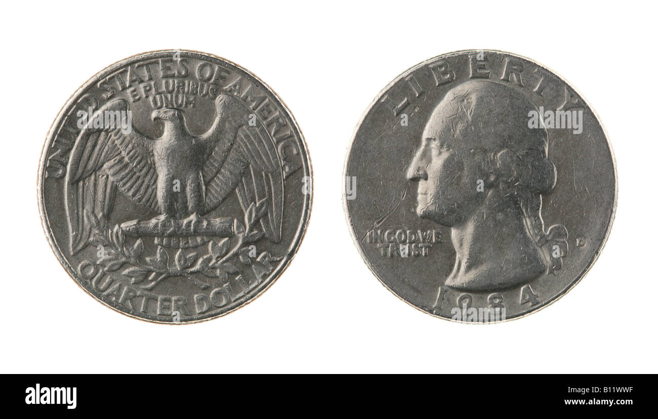 Ein Viertel der US Münze 25 Cent isoliert auf weiss - Vorder- und Rückseite Stockfoto