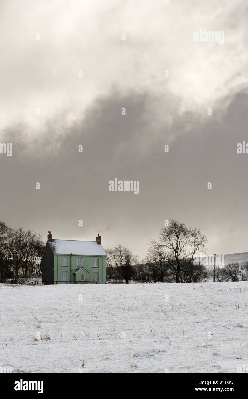 Grünes Haus im Schnee Stockfoto