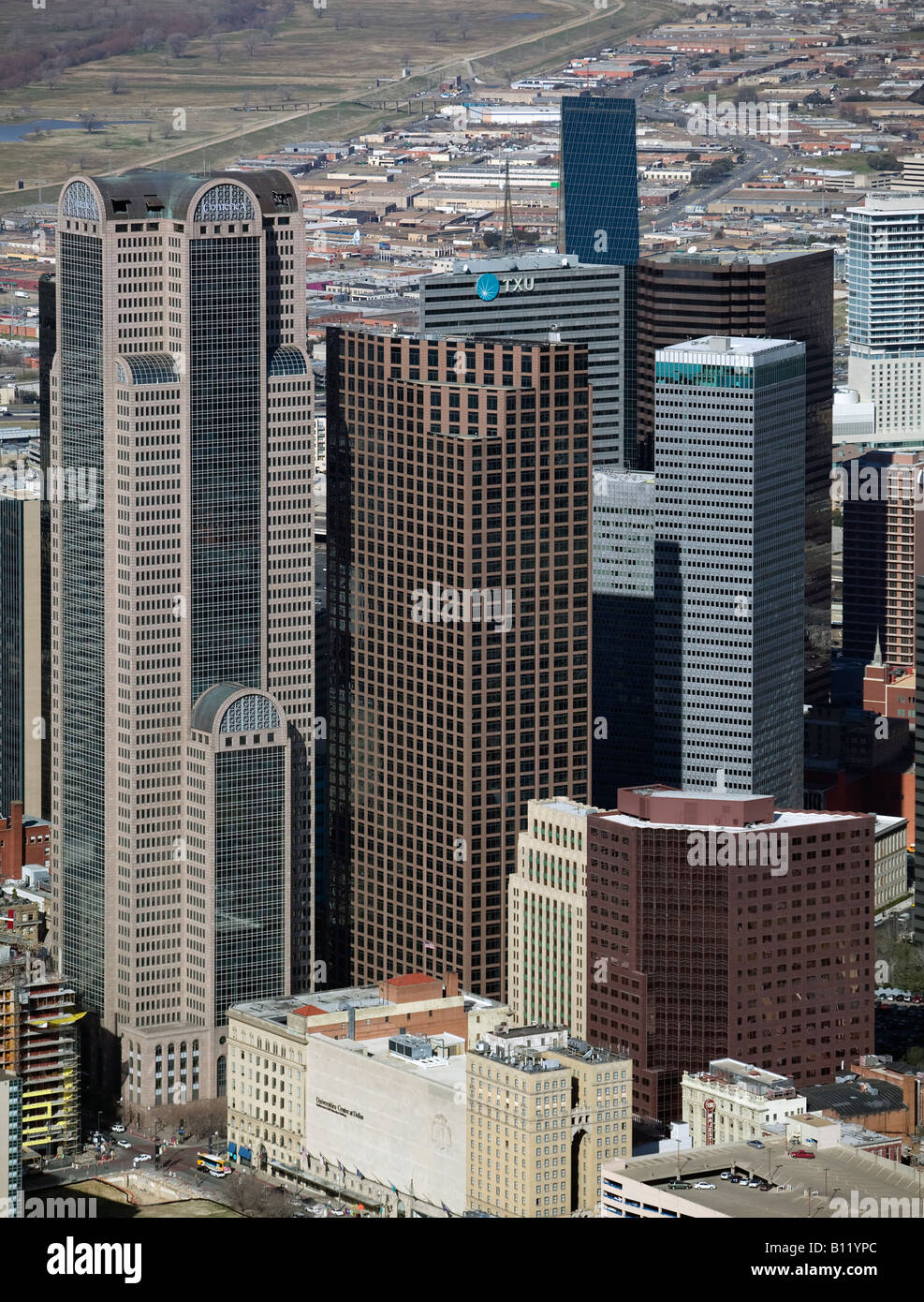 Antenne über Comerica Plaza TXU Dallas Texas Stockfoto