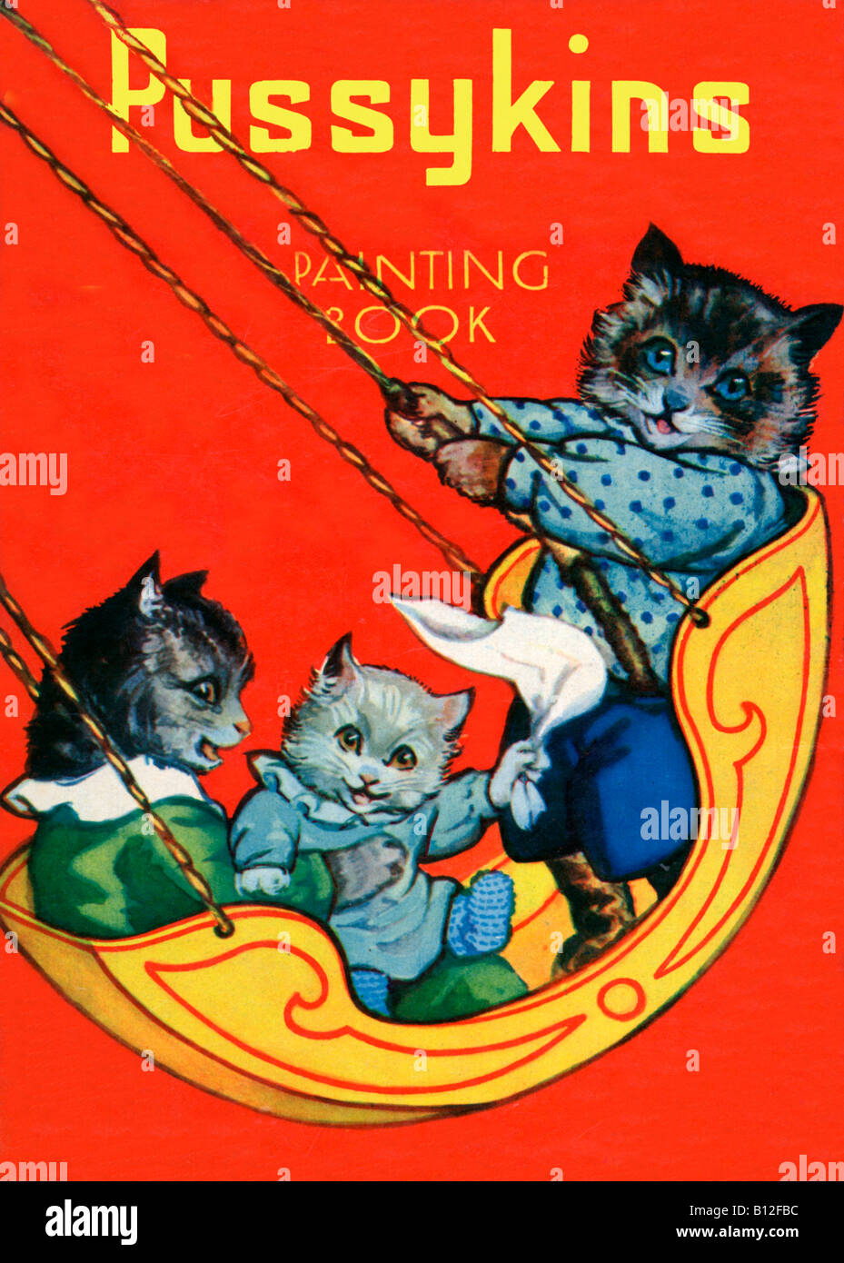 Pussykins Painting Book Cover von einem 1920er Jahre Kinder Malbuch mit Katzen Spaß auf einer Schaukel Stockfoto