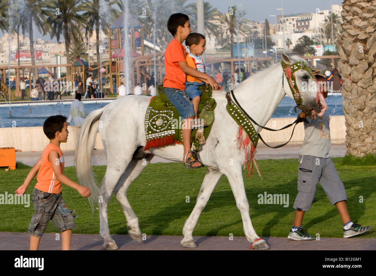 Tripoli, Libyen, Nordafrika. Jungen Pferd Reiten Freitagnachmittag im öffentlichen Park in der Nähe der Green Square Stockfoto