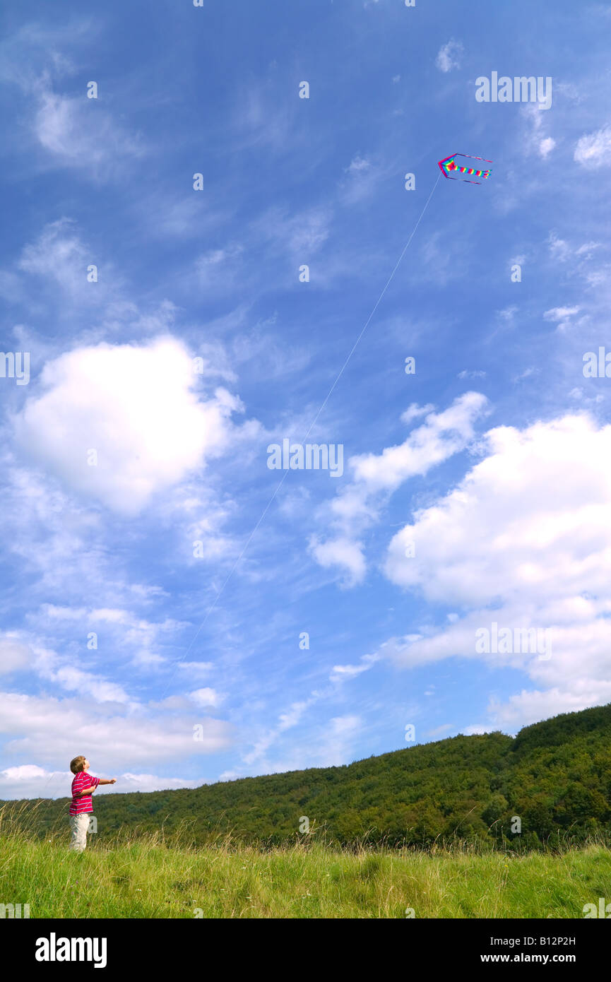 Ein kleiner Junge in einer Wiese fliegen sein Kite an einem sonnigen Tag Stockfoto
