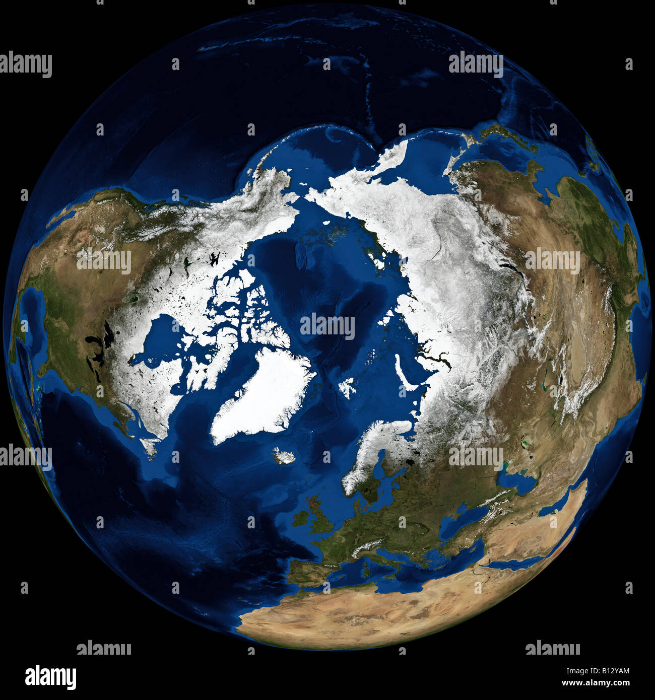 Echtfarbe Terra/MODIS Satellitenbild der Erde in orthogonale Projektion, zentriert auf den Nordpol gerendert. Stockfoto