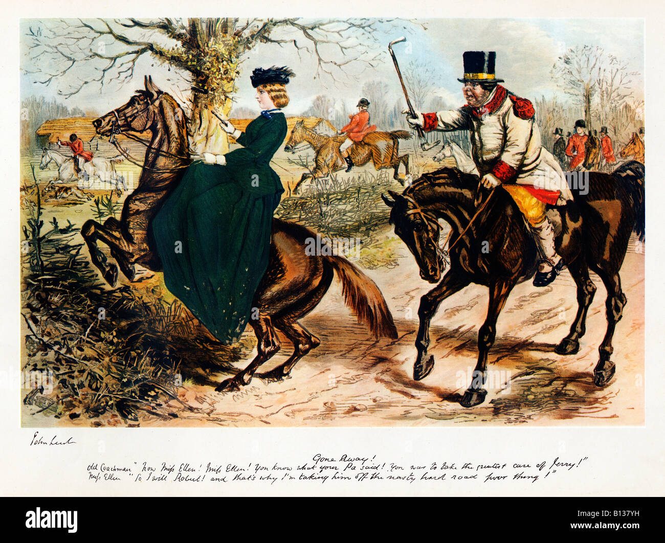 Weg Weg-Cartoon von der große John Leech Miss Ellen kümmert sich ihr Pferd indem man ihm das Böse harter Weg Stockfoto