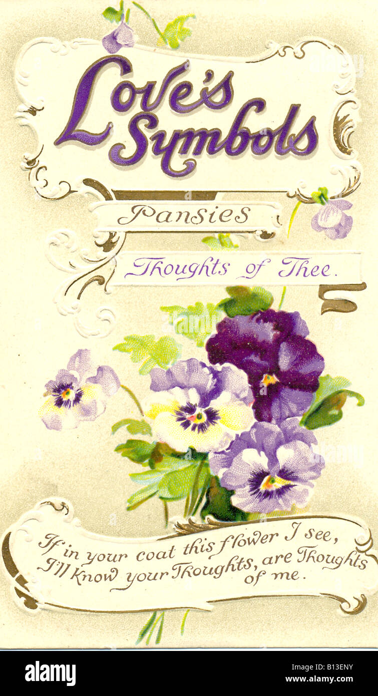 Chromolithographed und geprägte Ansichtskarte in Serie Liebe Symbole - Stiefmütterchen für Gedanken of Thee - um 1910. Stockfoto