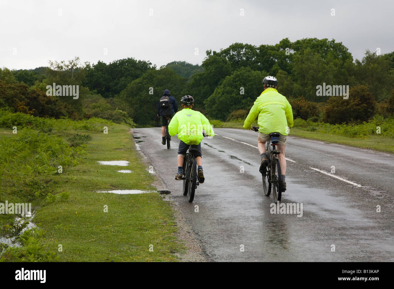 Familie Radfahren auf einer Landstraße. Ferienzeit. Nassen elenden Tag im New Forest, Hampshire, UK. Stockfoto