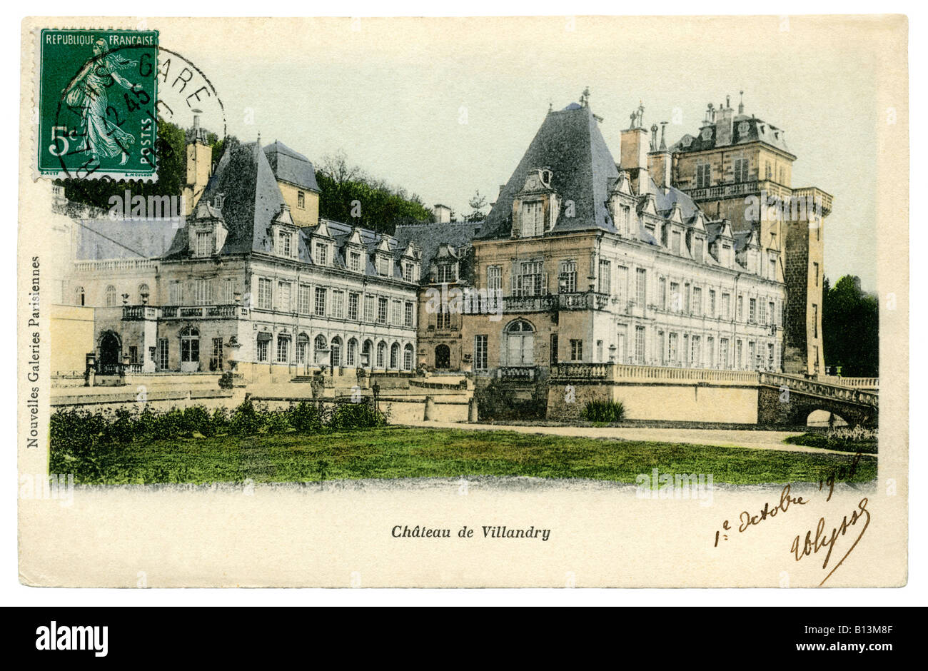 Postkarte mit Chateau de Villandry, Indre-et-Loire, Frankreich - Datum gestempelt "Orleans Gare" / Orleans Bahnhof, 1908. Stockfoto